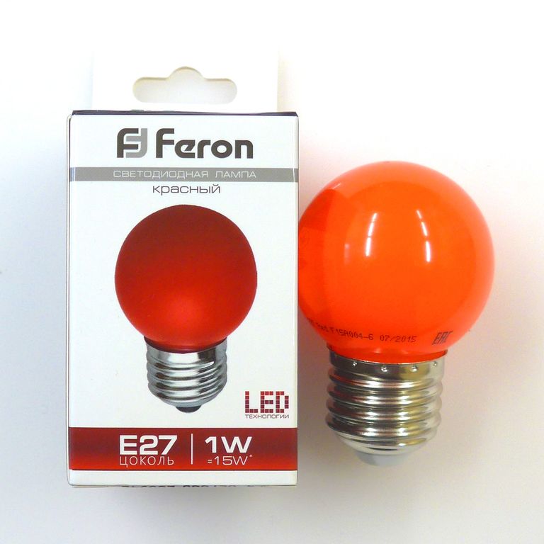 Лампа светодиодная LED 1вт Е27 красный (шар) Feron