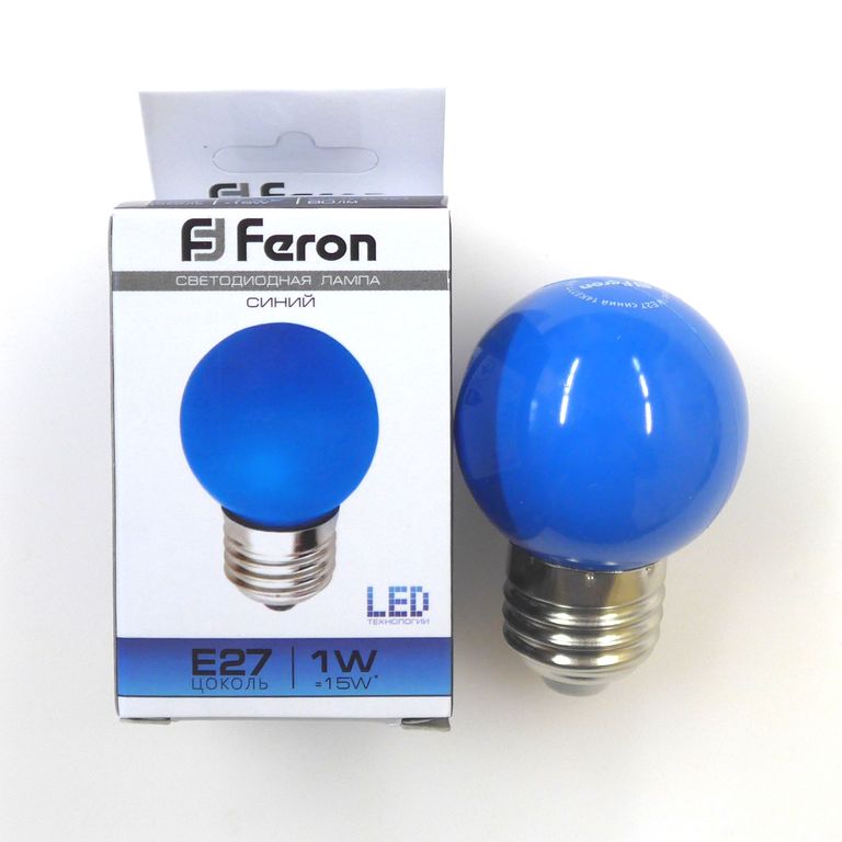 Лампа светодиодная LED 1вт Е27 синий (шар) Feron