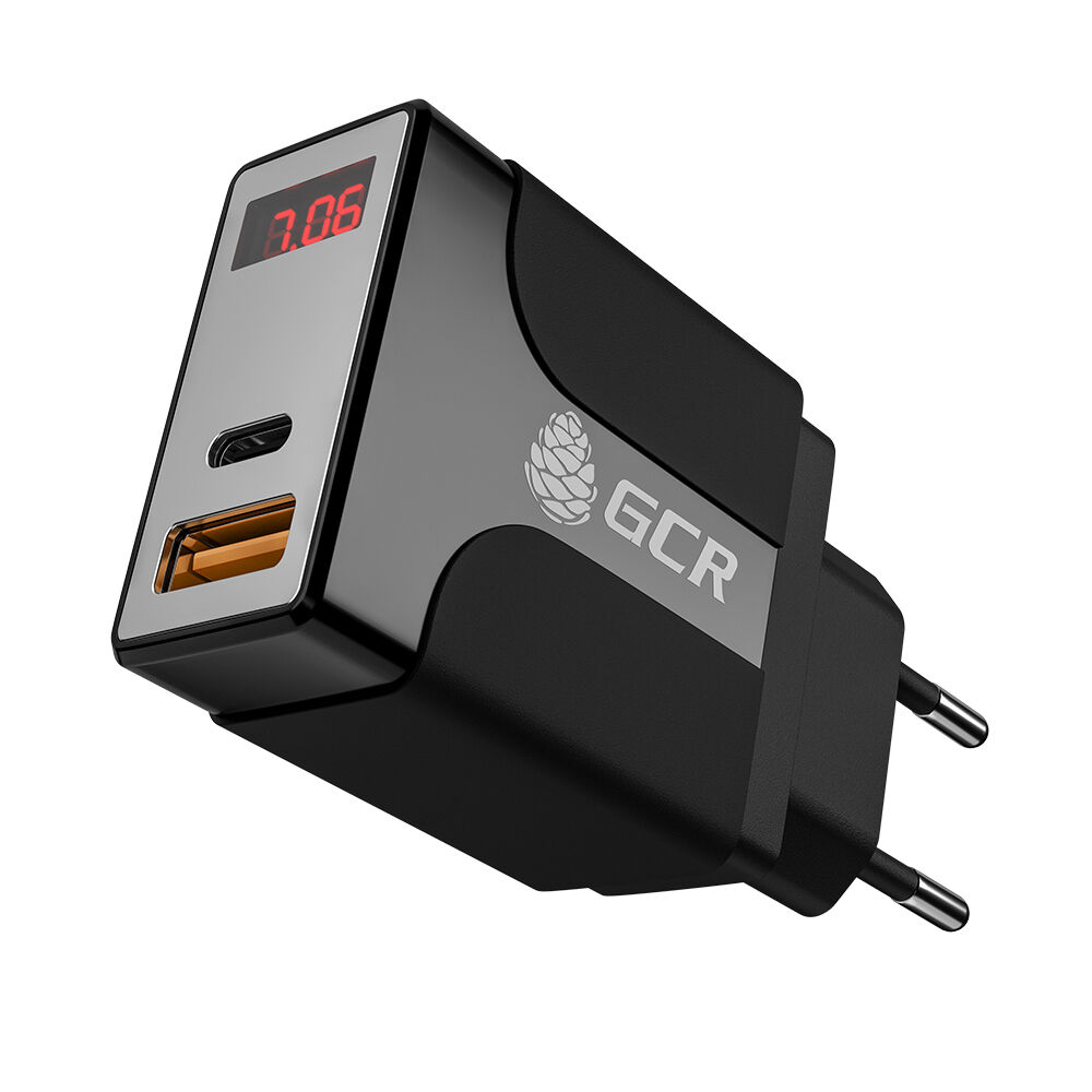 Зарядное устройство GCR на 2 порта TypeA TypeC с поддержкой быстрой зарядки Quick Charge 3.0 Power Delivery 18W с диспле