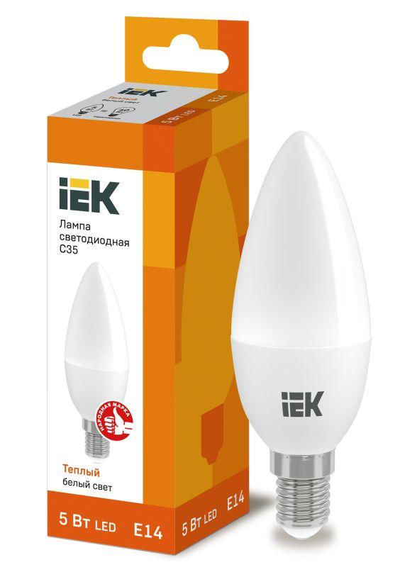 IEK Лампа светодиодная ECO C35 5Вт свеча 3000К тепл. бел. E14 450лм 230-240В IEK LLE-C35-5-230-30-E14