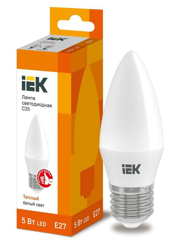 IEK Лампа светодиодная ECO C35 5Вт свеча 3000К тепл. бел. E27 450лм 230-240В IEK LLE-C35-5-230-30-E27