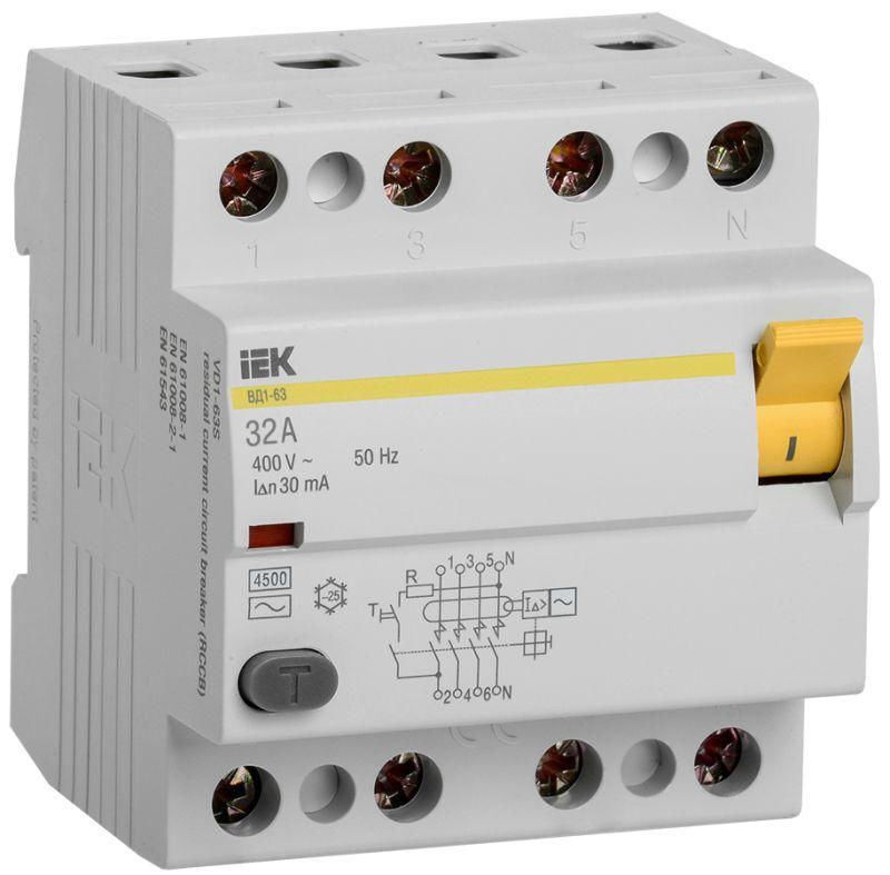 IEK Выключатель дифференциального тока (УЗО) 4п 32А 30мА тип AC ВД1-63 IEK MDV10-4-032-030