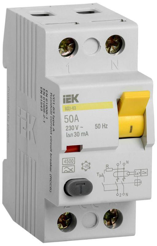IEK Выключатель дифференциального тока (УЗО) 2п 50А 30мА тип AC ВД1-63 IEK MDV10-2-050-030