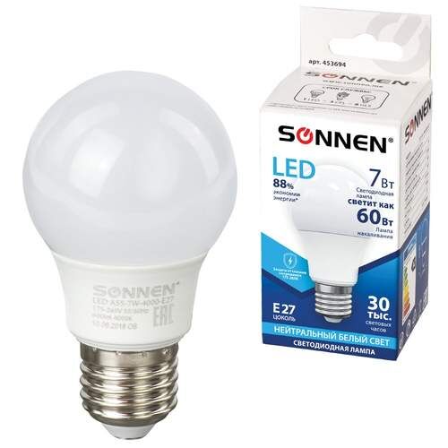 Лампа светодиодная SONNEN 7(60) E27 груша нейтральный белый свет