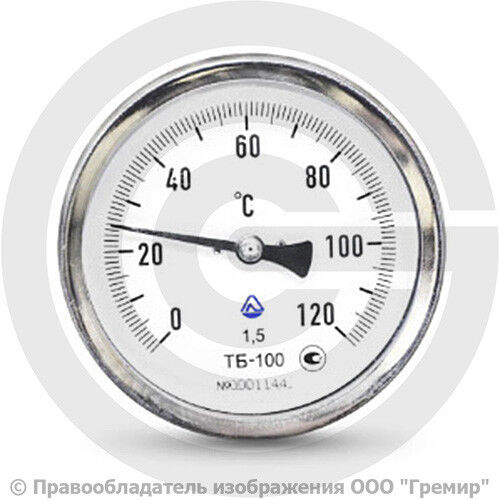 Термометр биметаллический осевой ТБ-100 G 1/2 Ру-25 от 0 до +200 С°, дл. ножки 100мм